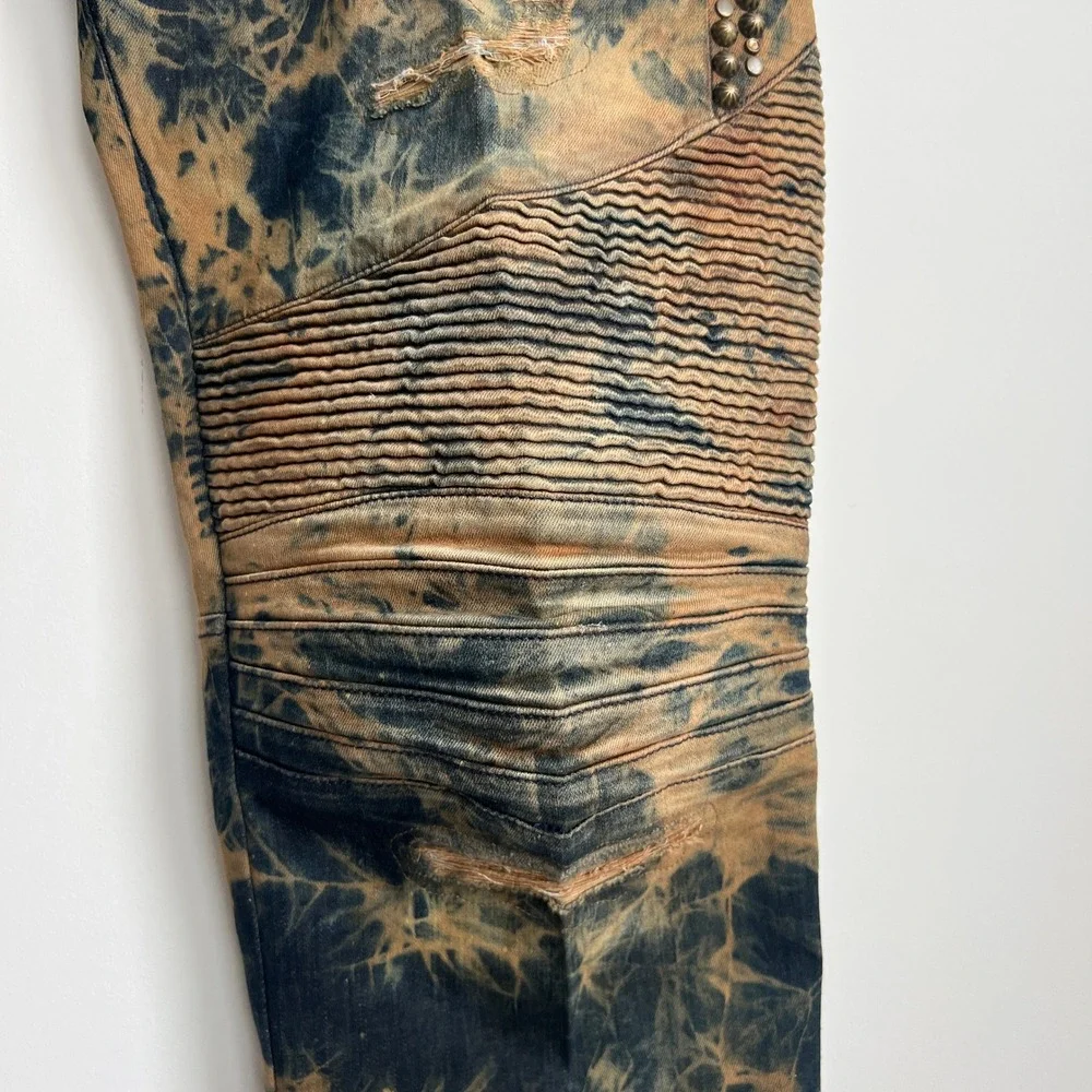 Robin's‎ Jean Black Brown Splatter Acid Wash Long Flap Pocket Studded Moto Jeans